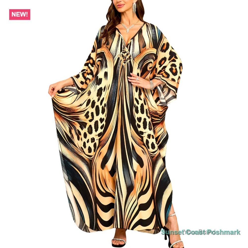 Animal Print Kaftan Maxi Dress Kimono Beach Cover Up Loungewear Black Cream